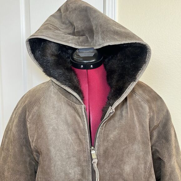Charles Klein Coat Suede Leather Faux Fur Reversible Zip Up Hooded Brown Sz M - Picture 3 of 12
